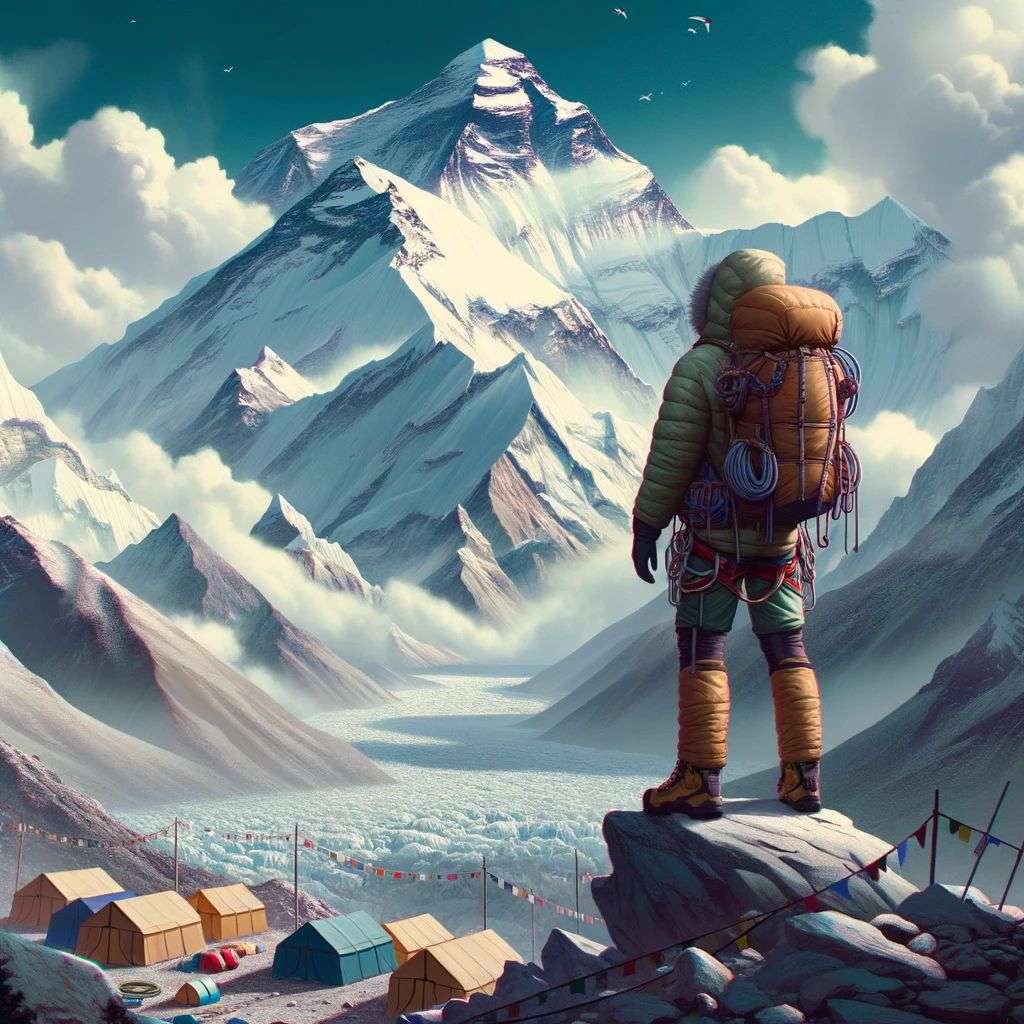 someone gazing at Mount Everest, digital art, 2.5D style